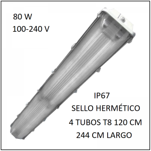 Gabinete LED 80W 244 cm IP67 para 4 Tubos T8 de 120 cm sello hermético