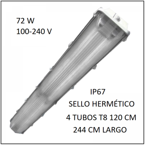 Gabinete LED 72W 244 cm IP67 para 4 Tubos T8 de 120 cm sello hermético